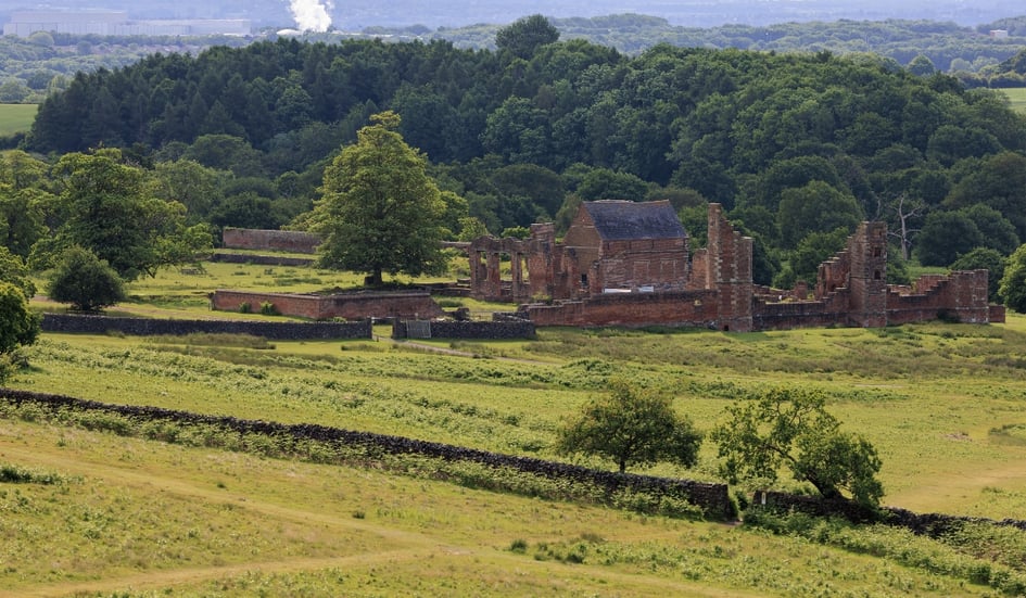 A view across Bradgate Park with stone walls and mature trees