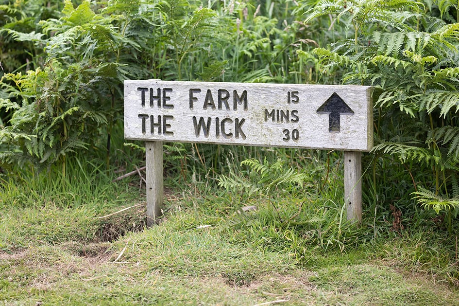 A wooden signpost on Skomer Island pointing the way to The Farm and The Wick