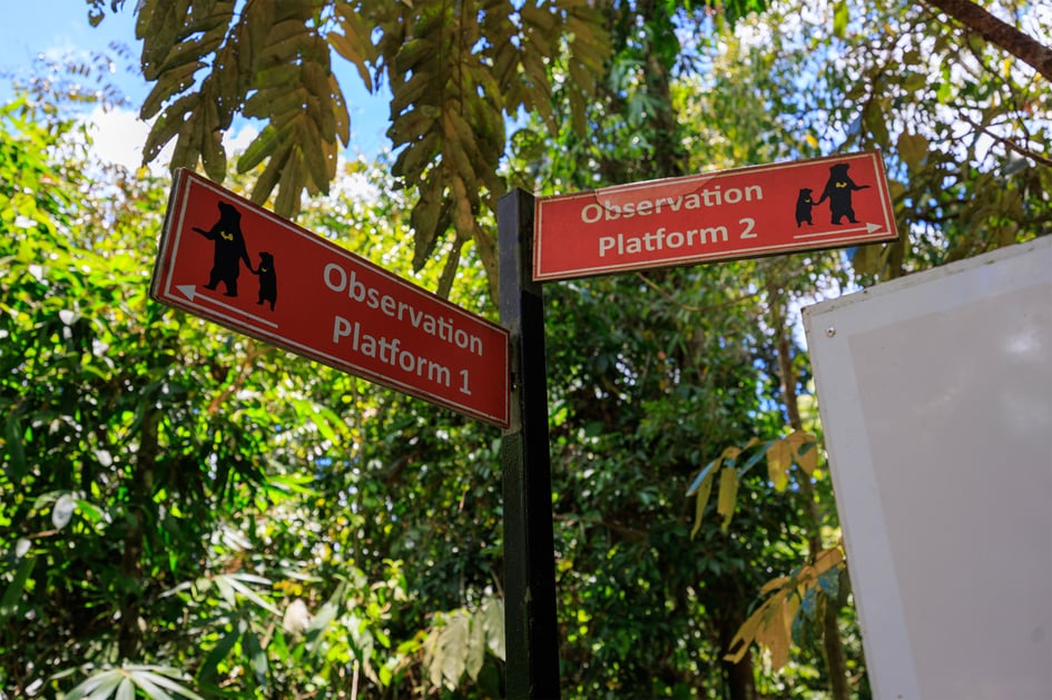 Directional signposts inside the Bornean Sun Bear Conservation Centre grounds in Sepilok
