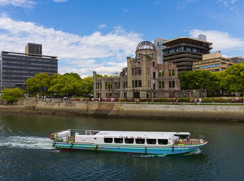 Hiroshima cityscape and river at golden hour