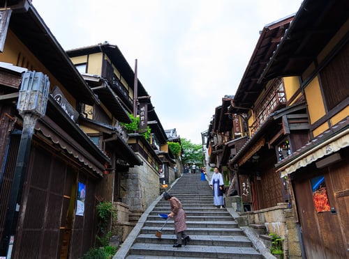 Kyoto temple and traditional architecture in warm evening light