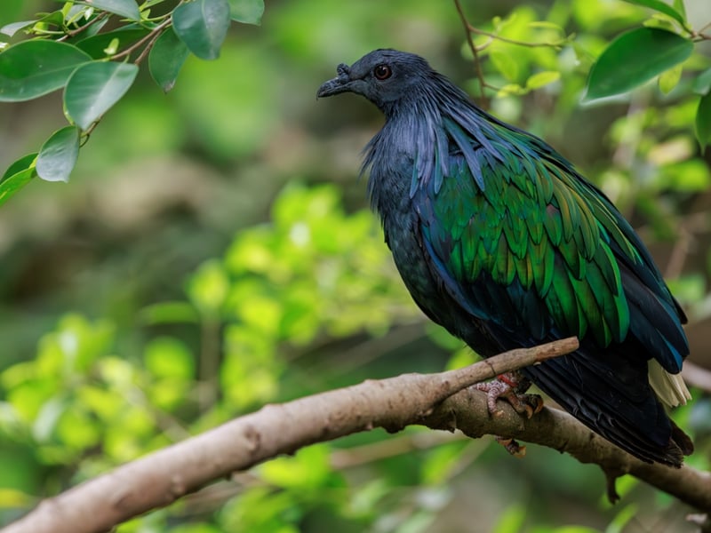 A large pigeon with dark iridescent feathers, long neck hackles, and a white tail. (gallery image 2)