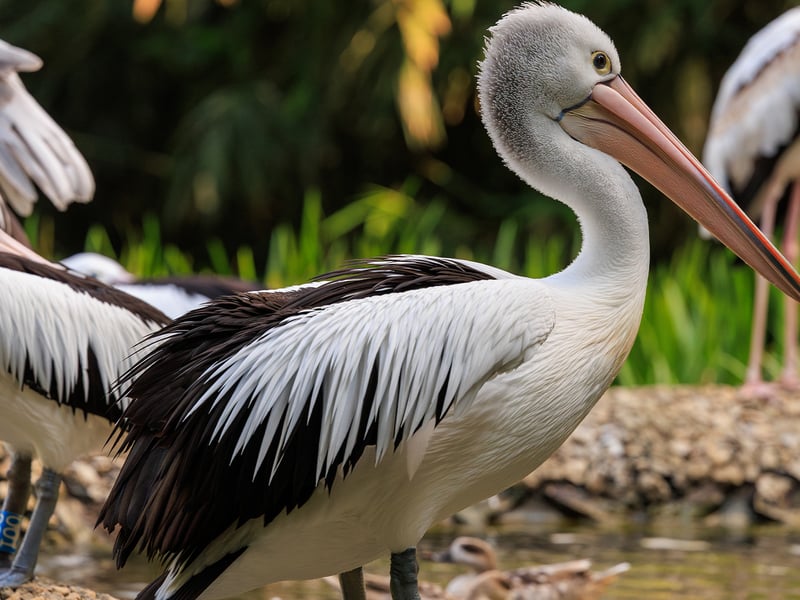 A large white pelican with black wings and a huge pink bill resting near a body of water. (gallery image 2)