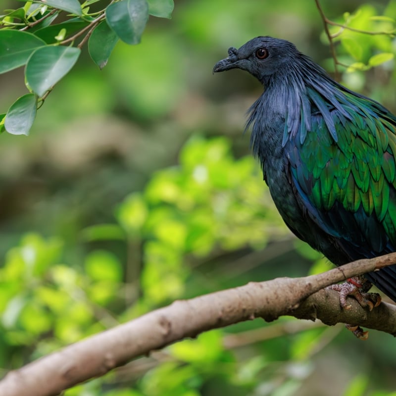 A large pigeon with dark iridescent feathers, long neck hackles, and a white tail. (gallery image 2)