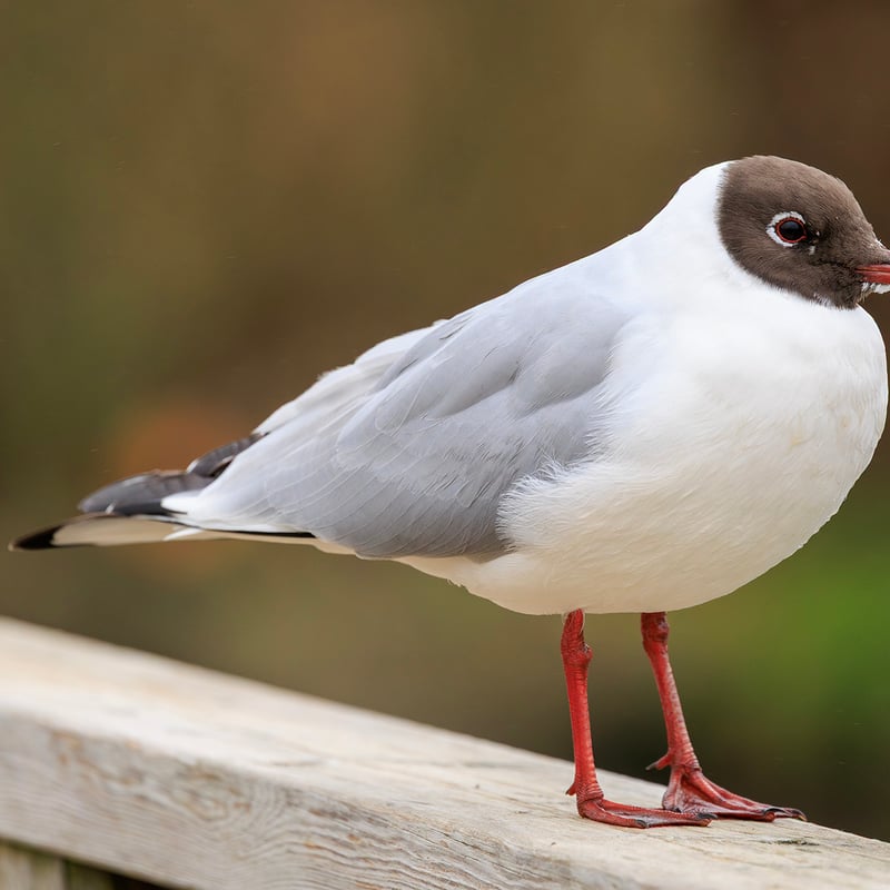 A small grey and white gull with a chocolate-brown head, bright red legs, and a red beak. (gallery image 3)