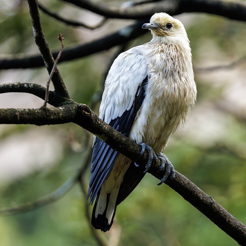 A Pied Imperial Pigeon perched on a branch, displaying its clean white plumage and black wing tips. (gallery image 1)