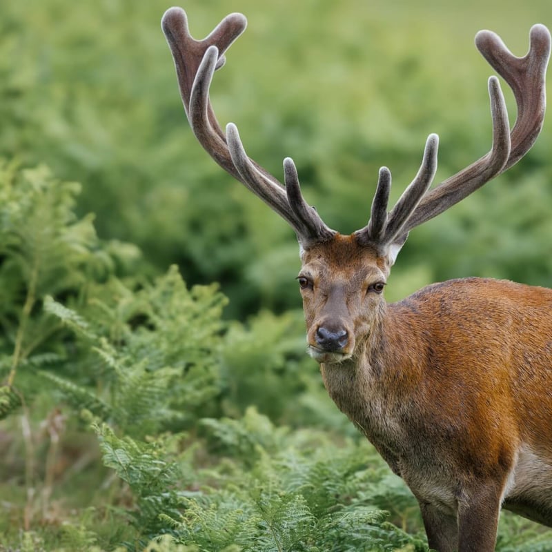 A massive stag with multi-pointed antlers standing in high grass. (gallery image 1)
